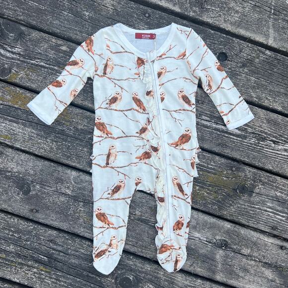 NWT MILKBARN 3-6m Owl Bamboo Ruffle Zipper Footed Romper Baby One-Piece Soft - Picture 1 of 7
